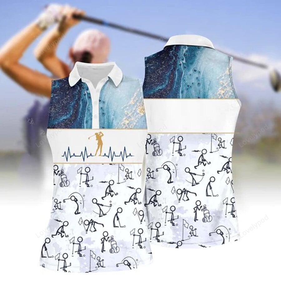 Women's stick figures playing golf sleeveless polo shirt, women's sleeveless golf shirts, funny women golf shirts GY2077