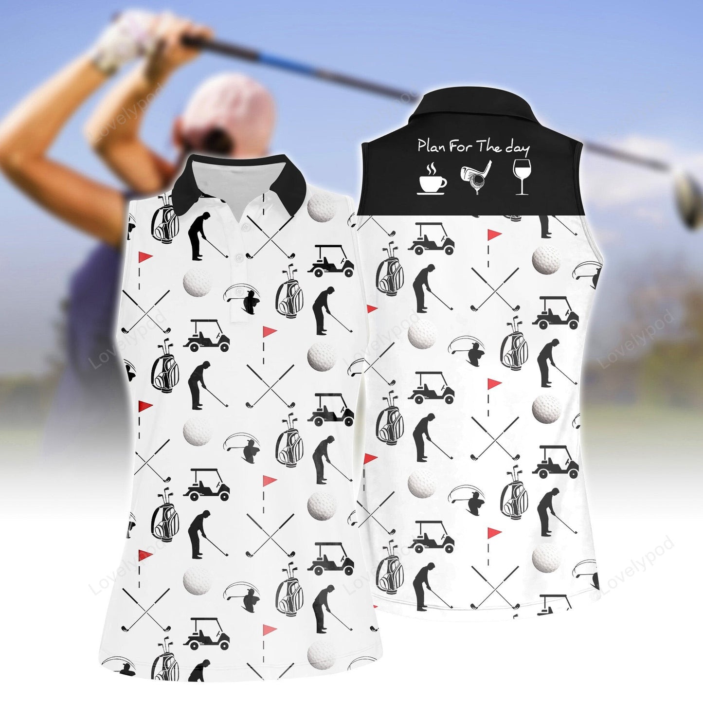 Stick figures playing golf women sleeveless polo shirt, women's sleeveless golf shirts, funny women golf shirts, custom golf shirt for women GY2082