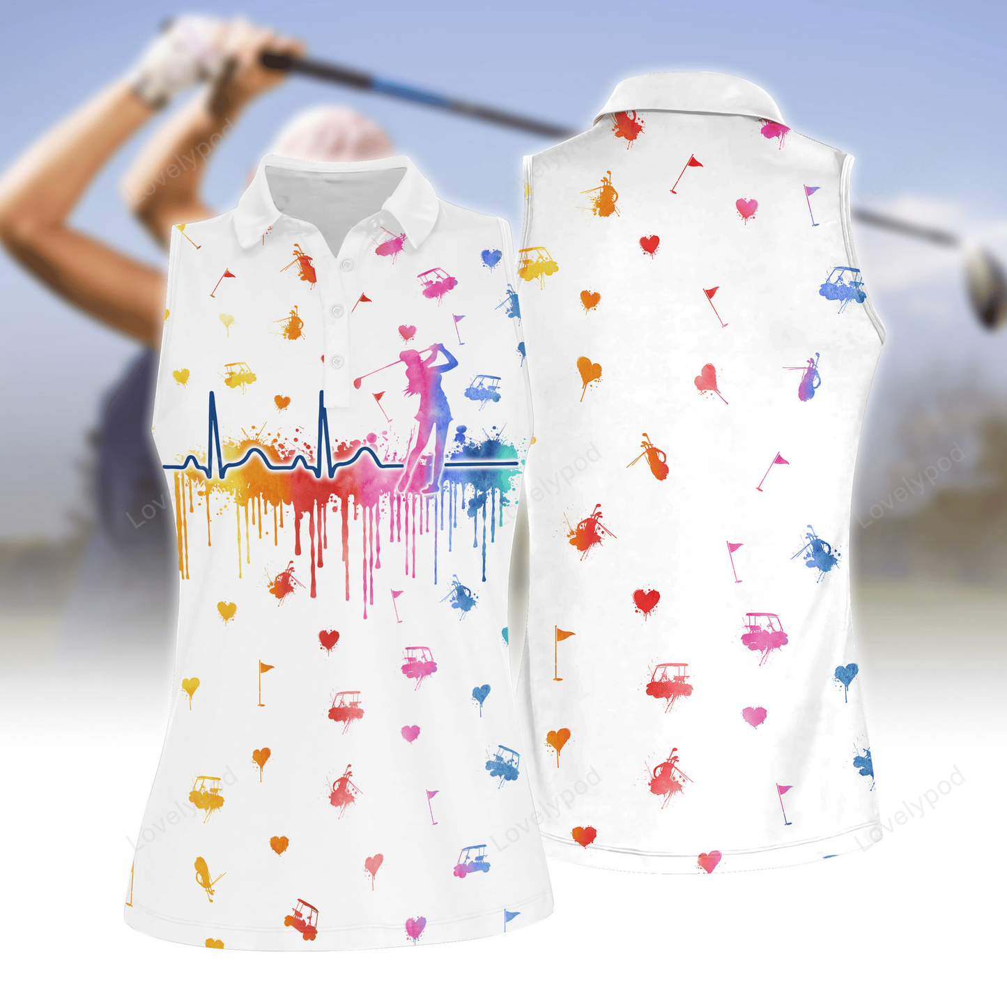 Women golf heart beat water color women short sleeve polo shirt, women's sleeveless golf shirts, funny women golf shirts GY2092