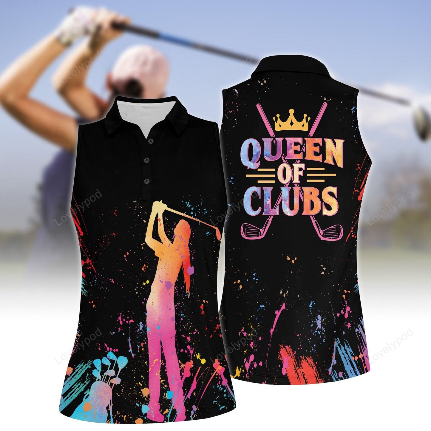 Queen of clubs golf sleeveless polo shirt, women's sleeveless golf shirts, funny women golf shirts GY2097