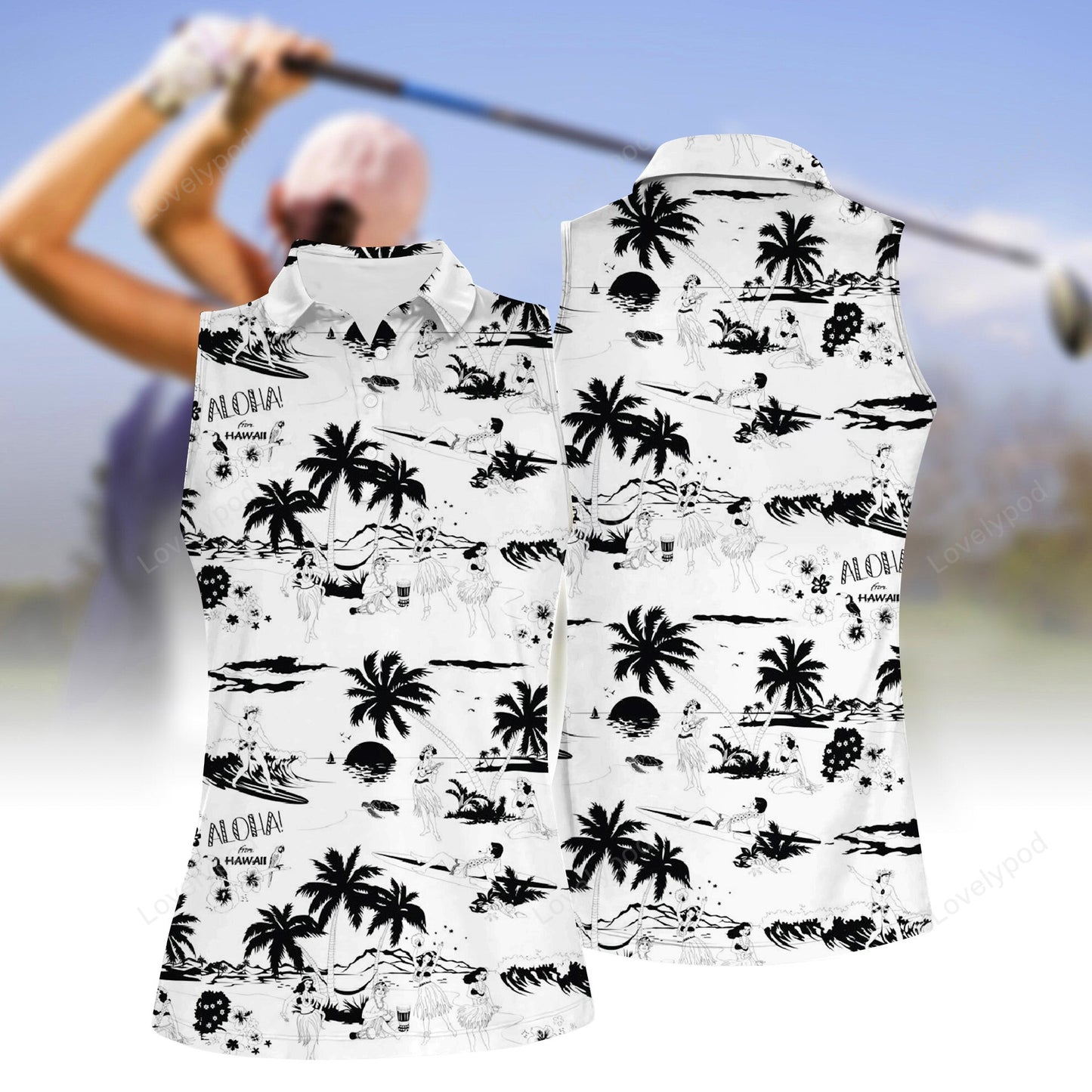 Women's coconut tree pattern sleeveless polo shirt, women's sleeveless golf shirts, funny women golf shirts GY2100