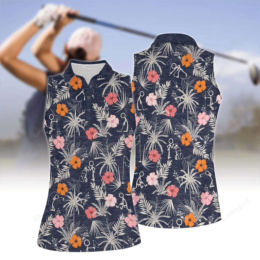 Women's flower & golf sleeveless polo shirt, women's sleeveless golf shirts, funny women golf shirts GY2103