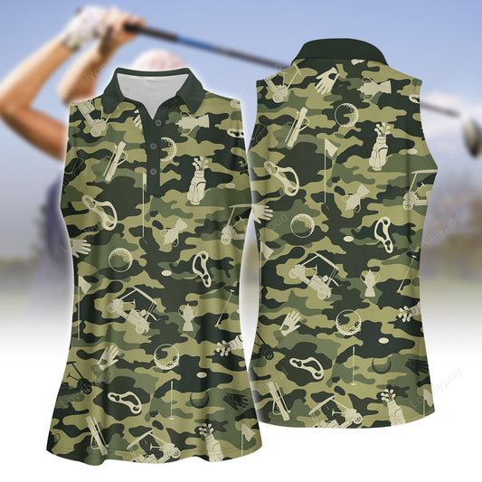 Green camouflage golf set women sleeveless polo shirt, women's sleeveless golf shirts, funny women golf shirts GY2106