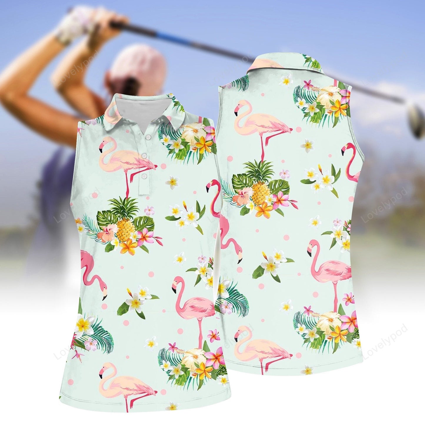 Women's leaf & flamingo sleeveless polo shirt, women's sleeveless golf shirts, funny women golf shirts GY2108