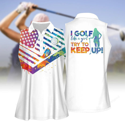 Women's flag & golf girl sleeveless polo shirt, women's sleeveless golf shirts, funny women golf shirts GY2114