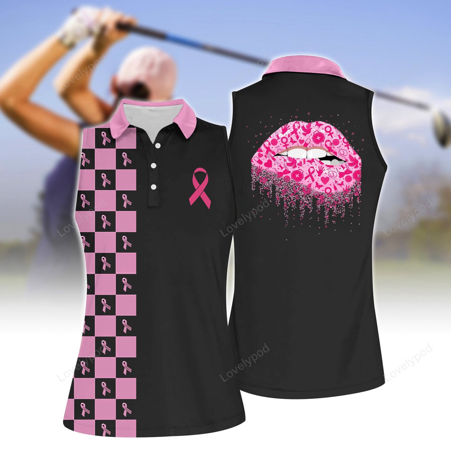 Women's pink lips sleeveless polo shirt, women's sleeveless golf shirts, funny women golf shirts GY2152