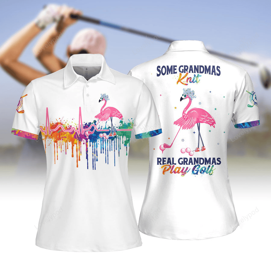 Watercolor heart beat flamingo some grandmas knit real grandmas play golf women short sleeve polo shirt GY2163