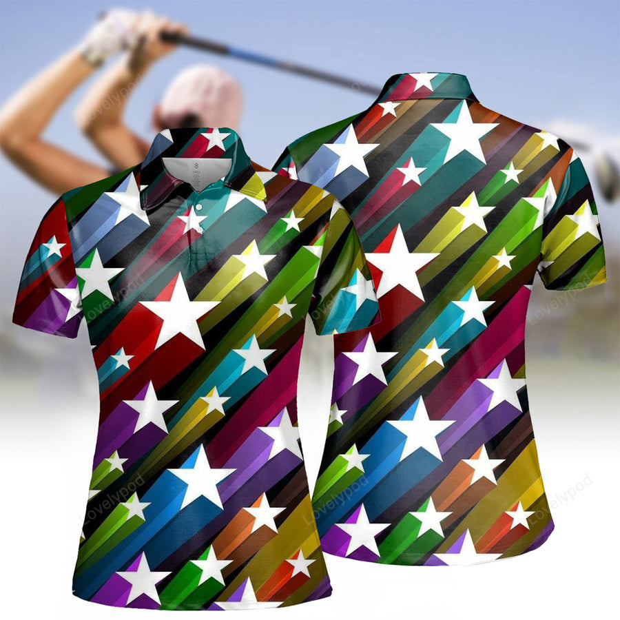 Women's white star polo shirt, golf lovers gift, stars and stripes golf shirt GY2181