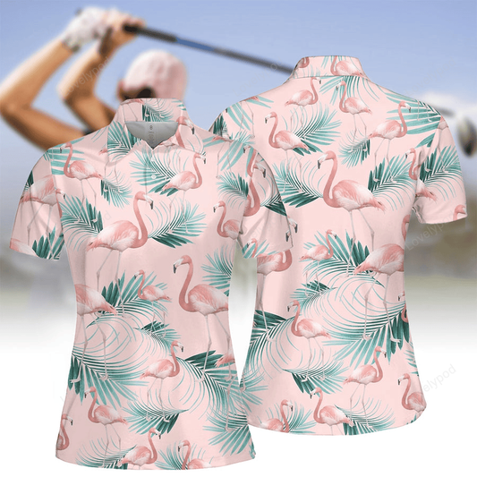 Women's leaf & flamingo sleeveless polo shirt, golf lovers gift, women golf shirt GY2194