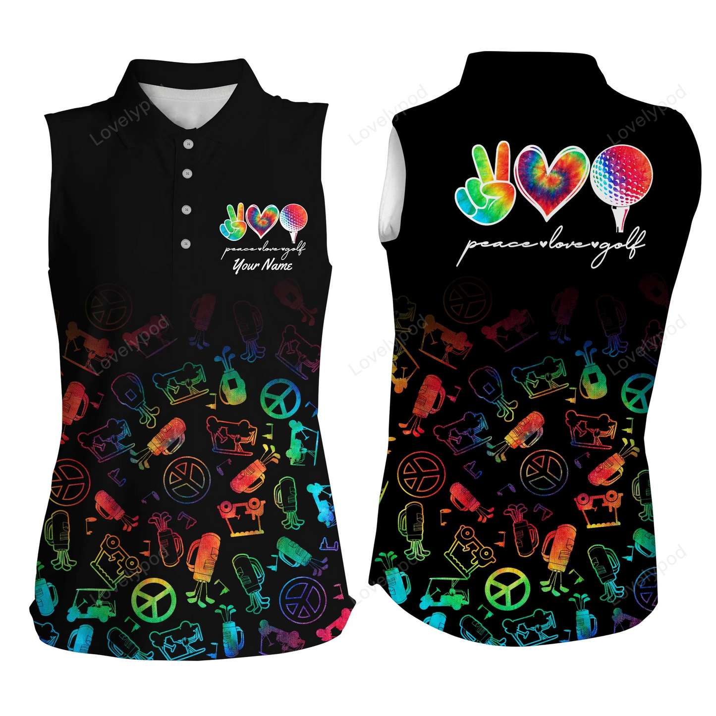 Black women sleeveless polo shirt custom watercolor peace love golf, personalized golf shirt for women GY2224