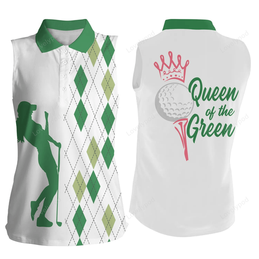 Funny women's sleeveless golf polo shirt queen of the green argyle plaid white golf shirts for women GY2229