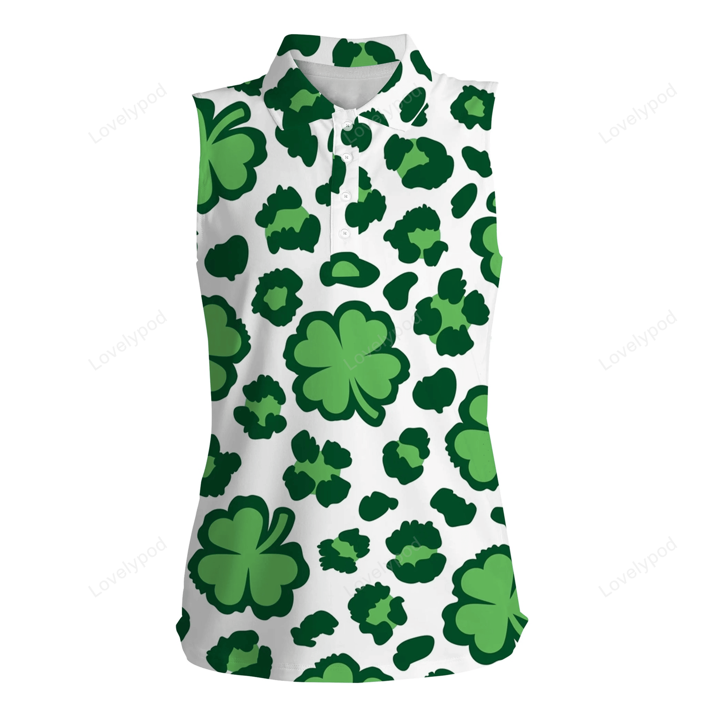 Funny women's sleeveless polo shirt clover leopard pattern st patrick's day golfing gifts GY2230