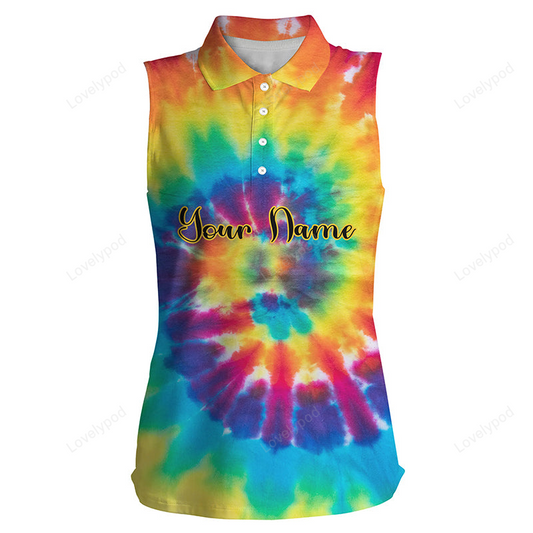 Women's sleeveless polo shirts with colorful tie dye background custom name golf shirt GY2234