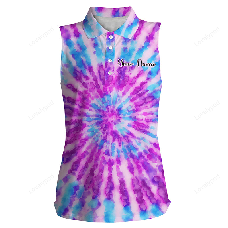 Women's sleeveless polo shirts with watercolor purple tie dye custom name pattern golf shirt for women GY2236