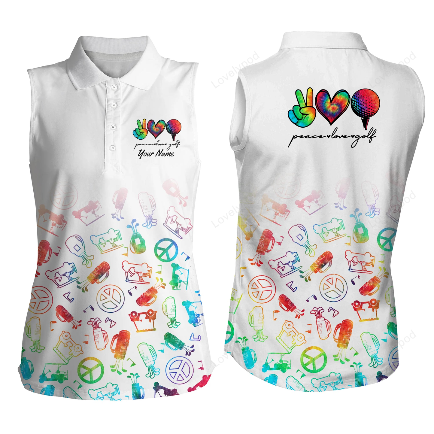 Personalized golf shirt for women, women's sleeveless polo shirts custom watercolor peace love golf GY2240