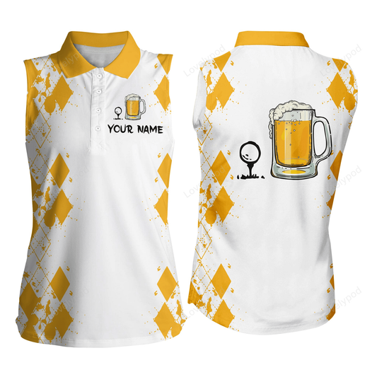 White yellow women's sleeveless polo shirts golf & beer custom name golf polo shirt GY2242