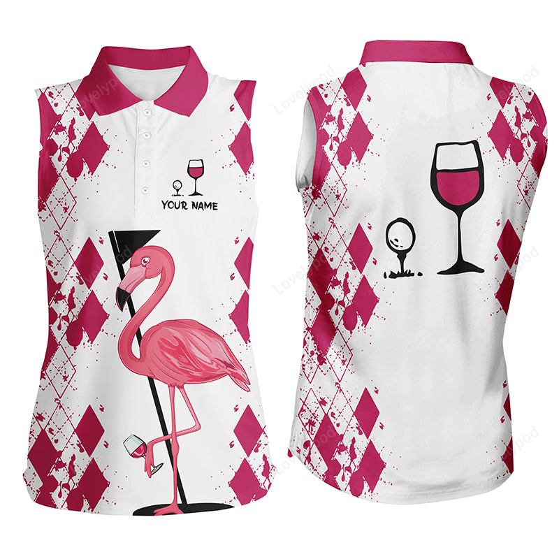 White pink women's golf shirt flamingo golf & wine women's sleeveless golf polo shirt GY2243