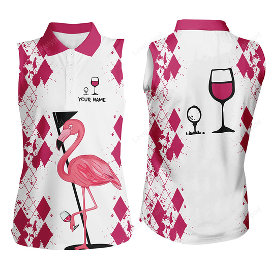 White pink women's golf shirt flamingo golf & wine women's sleeveless golf polo shirt GY2243