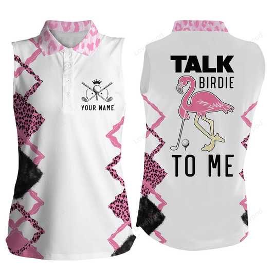 Custom pink flamingo golf shirts, funny pink leopard women's sleeveless polo shirts talk birdie to me GY2244