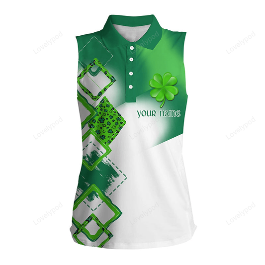 Women's sleeveless polo shirt custom green clover st patrick day golf shirts GY2246