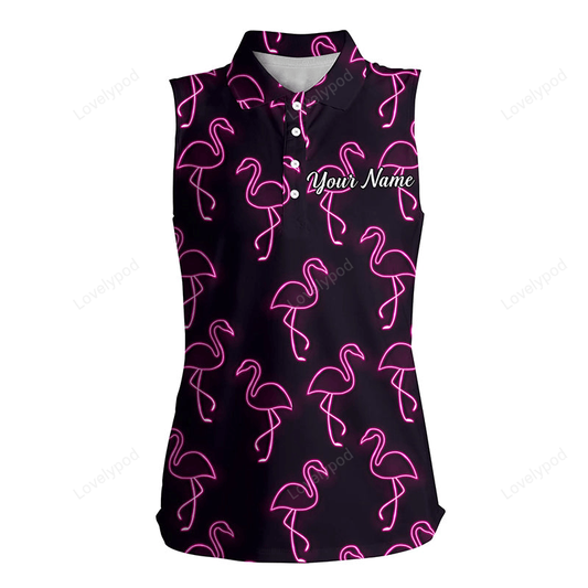 Black women's sleeveless polo shirt neon pink flamingos pattern custom name team golf polo shirts GY2250