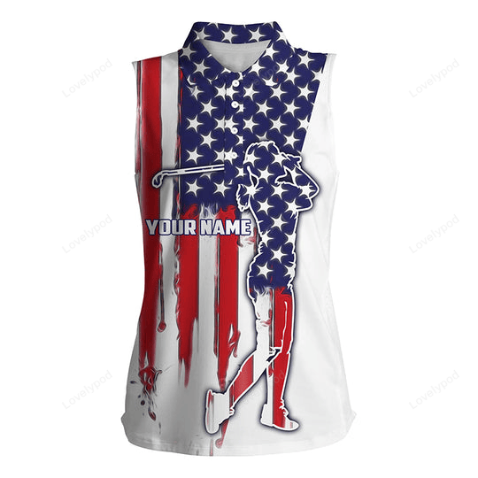 American flag women's sleeveless polo shirt custom name patriot golf gifts GY2251