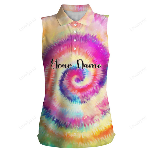 Women's sleeveless polo shirts rainbow tie dye background custom name golf shirt GY2253