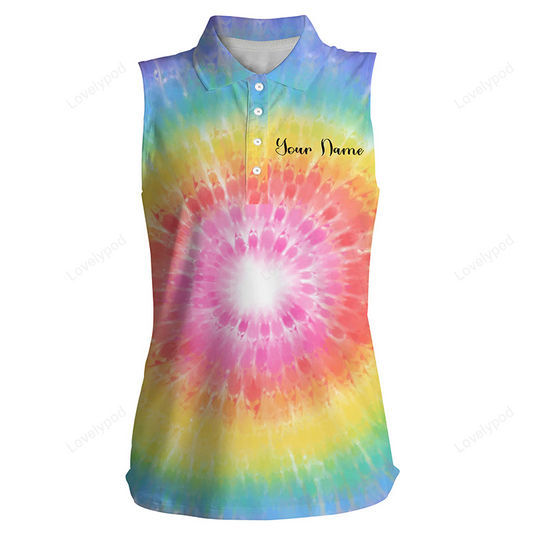 Women's sleeveless polo shirts with rainbow coloured tie dye painted custom golf shirt GY2256