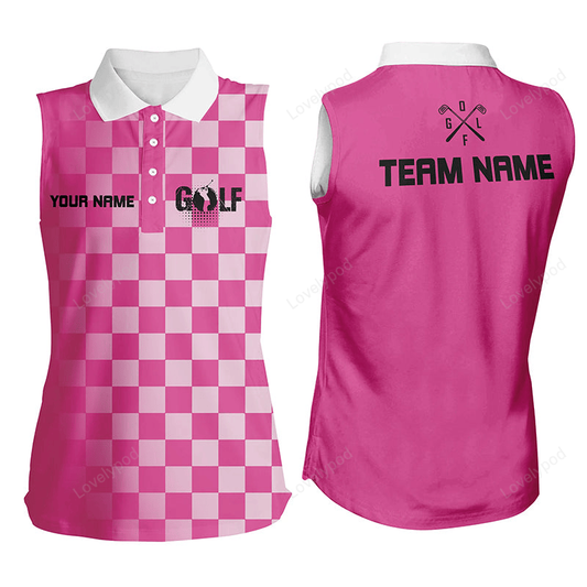 Women's sleeveless polo shirt custom name pink checkered pattern ladies golf shirts GY2257