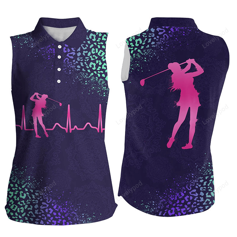 Women's sleeveless golf polo shirt golf heartbeat purple gradient leopard pattern GY2258