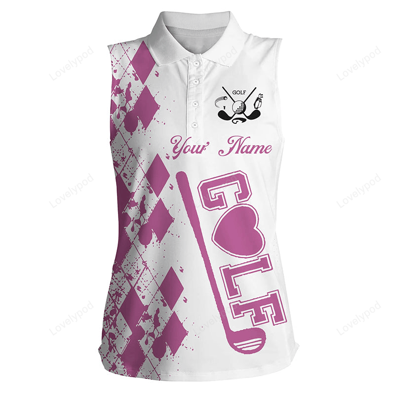 Women's sleeveless golf polo shirt custom name pink golf clubs white golf shirt for women GY2260