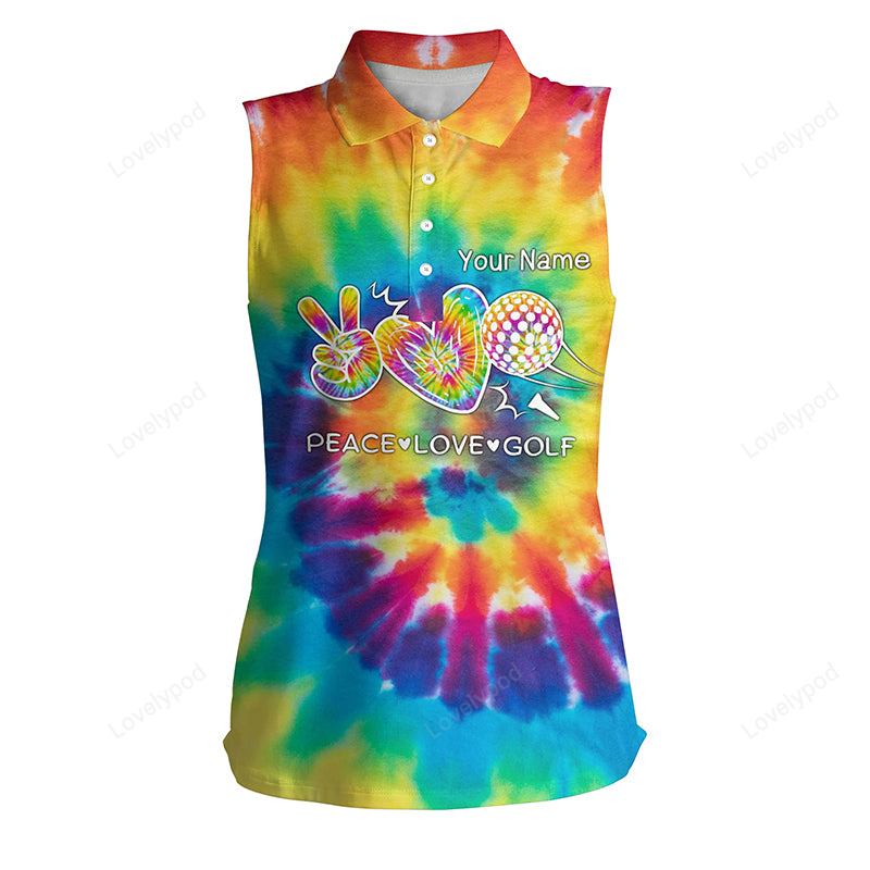 Personalized golf shirt for women, women sleeveless polo shirt tie dye pattern custom peace love golf GY2262