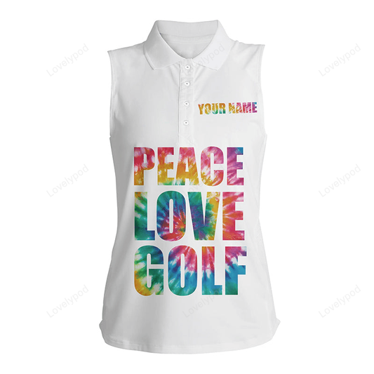 Women's sleeveless polo shirt custom name tie dye peace love golf, personalized golf shirts for men GY2263