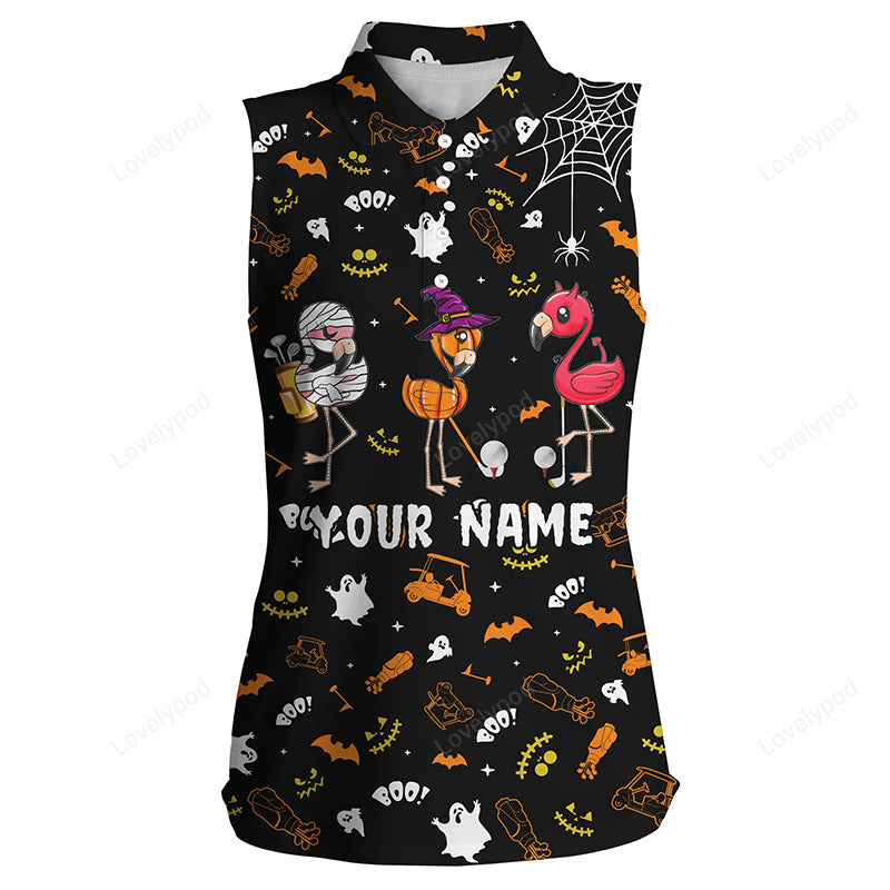 Funny women's sleeveless polo shirt orange black halloween background custom name flamingo golf friends GY2269