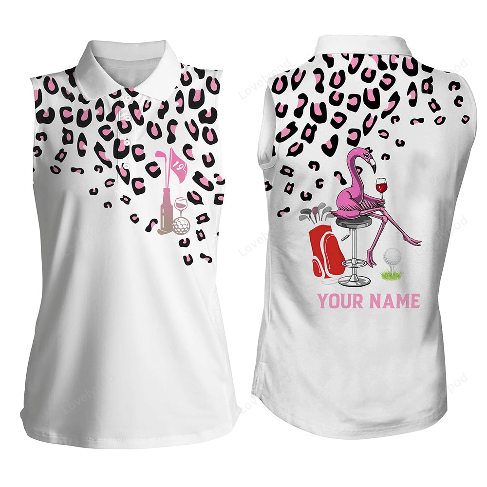 Pink leopard women sleeveless polo shirt custom white ladies golf top flamingo golf wine shirt GY2271