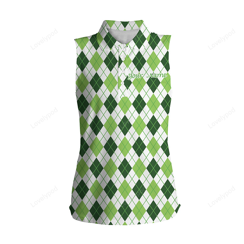 Women sleeveless polo shirt green argyle st patrick's day pattern golf shirts custom team golf polo GY2275