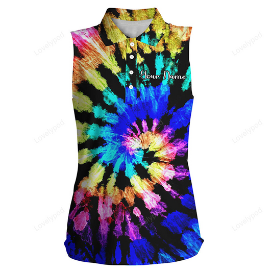 Women's sleeveless polo shirts with tie dye pattern custom name pattern golf shirt for women GY2278