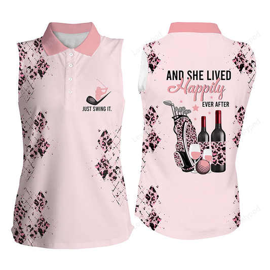 Pink leopard women's sleeveless polo shirt golf wine just swing it and she lived happily ever after GY2281