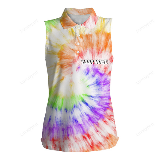 Women's sleeveless polo shirts with colorful tie dye background custom name team golf tops for women GY2288