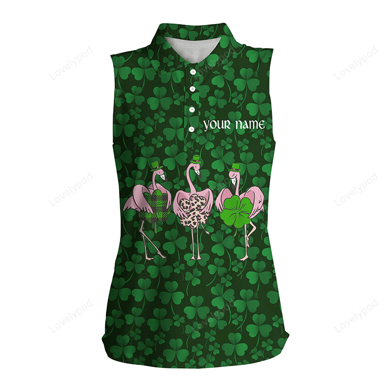 Funny women's sleeveless polo shirt green clover st patrick day custom flamingo golf friends GY2291