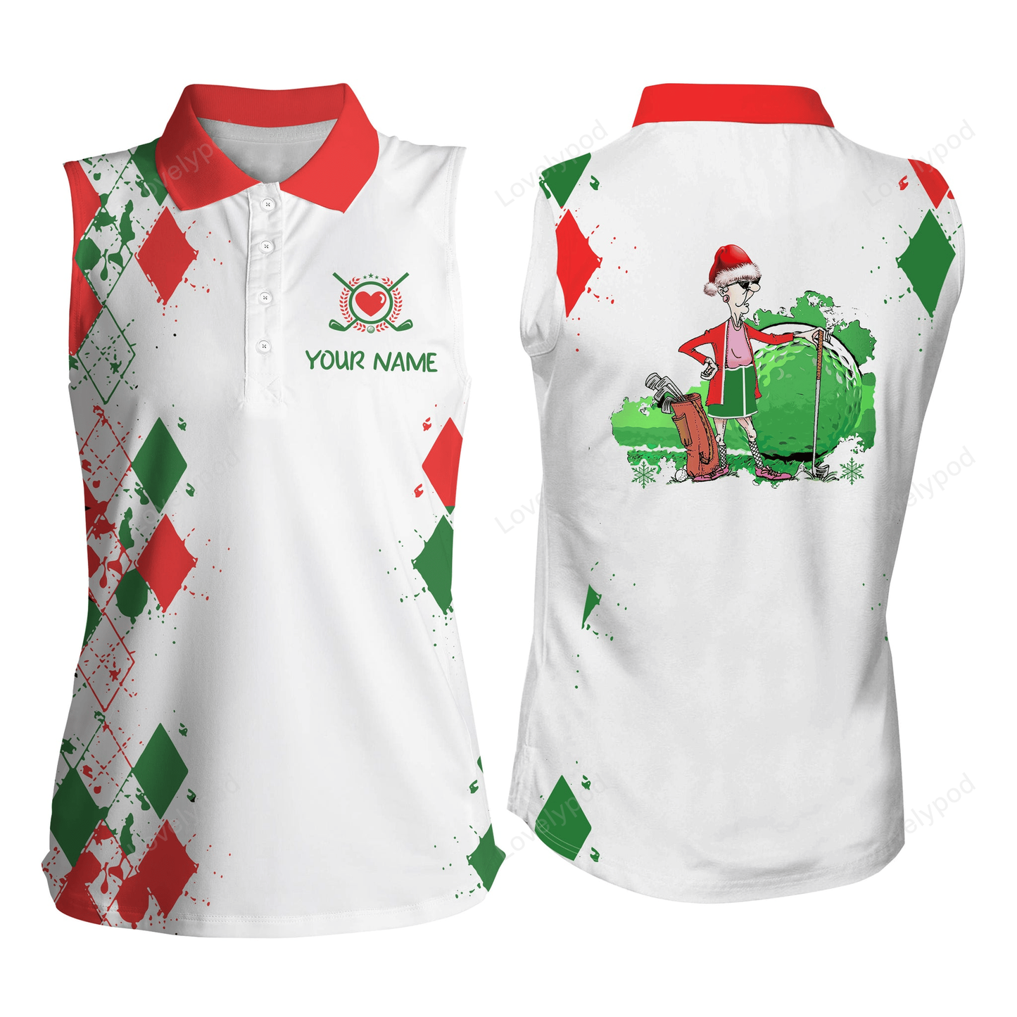 Funny christmas argyle pattern white women's sleeveless polo shirts custom golf gifts for grandma GY2295