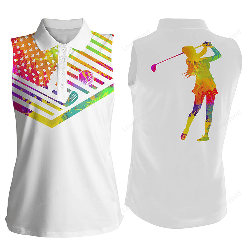 Women's sleeveless golf polo shirt watercolor american flag swing swear repeat white golf shirt GY2298