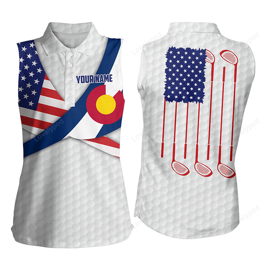 Colorado flag white golf pattern women's sleeveless polo shirt patriotic golf tops for women golf gift GY2299