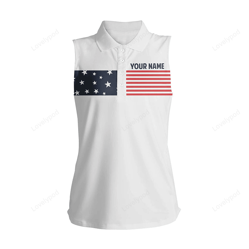 American flag white women's sleeveless polo shirt custom patriotic golf tops for women's GY2301