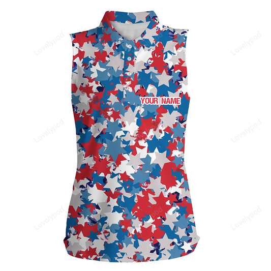 Red, white and blue star women's sleeveless polo shirt custom patriotic team golf shirts ladies GY2304