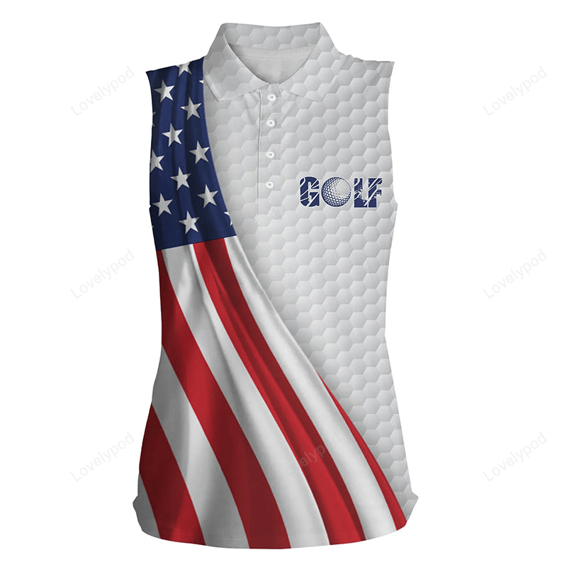 American flag white golf ball skin women's sleeveless polo shirt patriotic golf tops for women GY2306