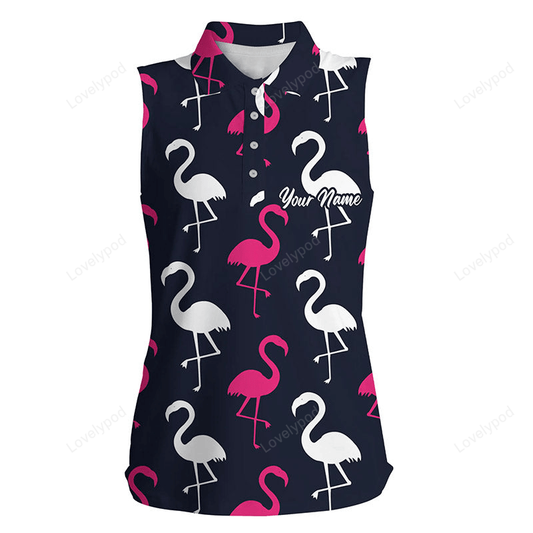 Women's sleeveless polo shirt pink white flamingos pattern custom team flamingo golf shirts GY2309