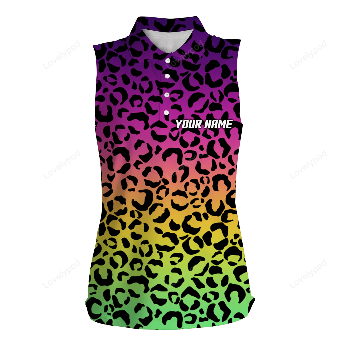 Womens sleeveless polo shirt neon rainbow leopard pattern golf shirt custom sleeveless golf tops GY2310