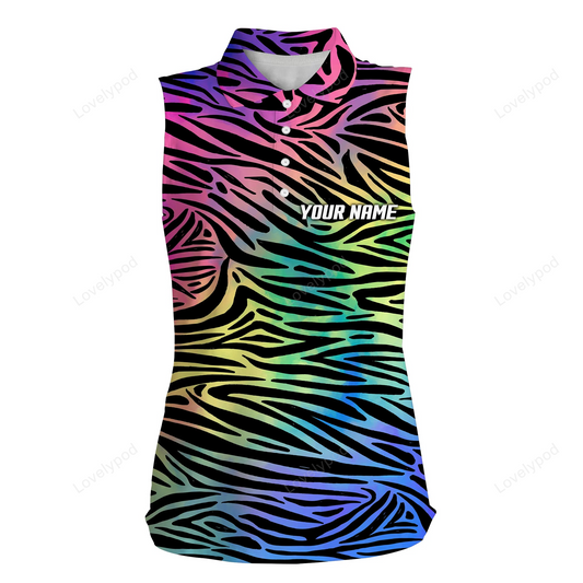 Colorful neon rainbow zebra skin women's sleeveless polo shirts, team golf shirt gift for golf lovers GY2311