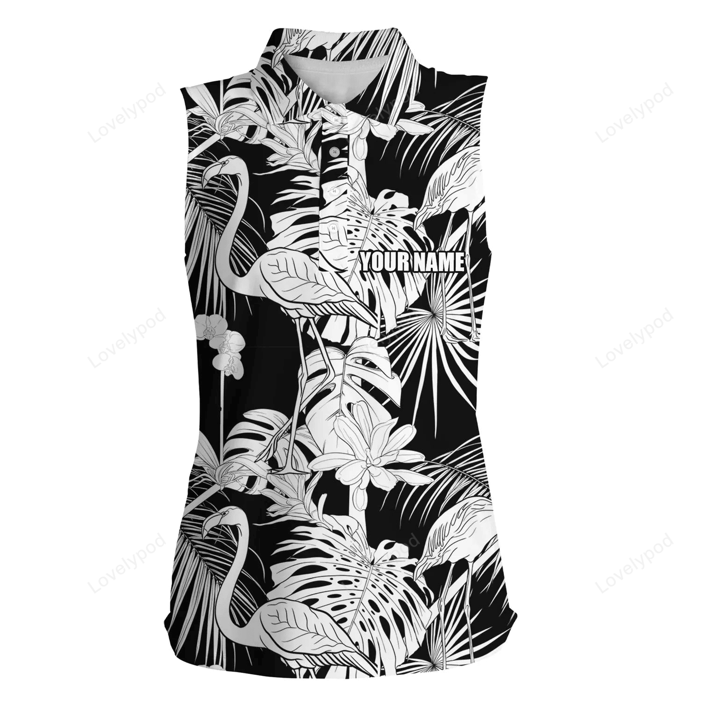 Women sleeveless polo shirt black white tropical plants flamingo golf shirts custom women's golf wear GY2313